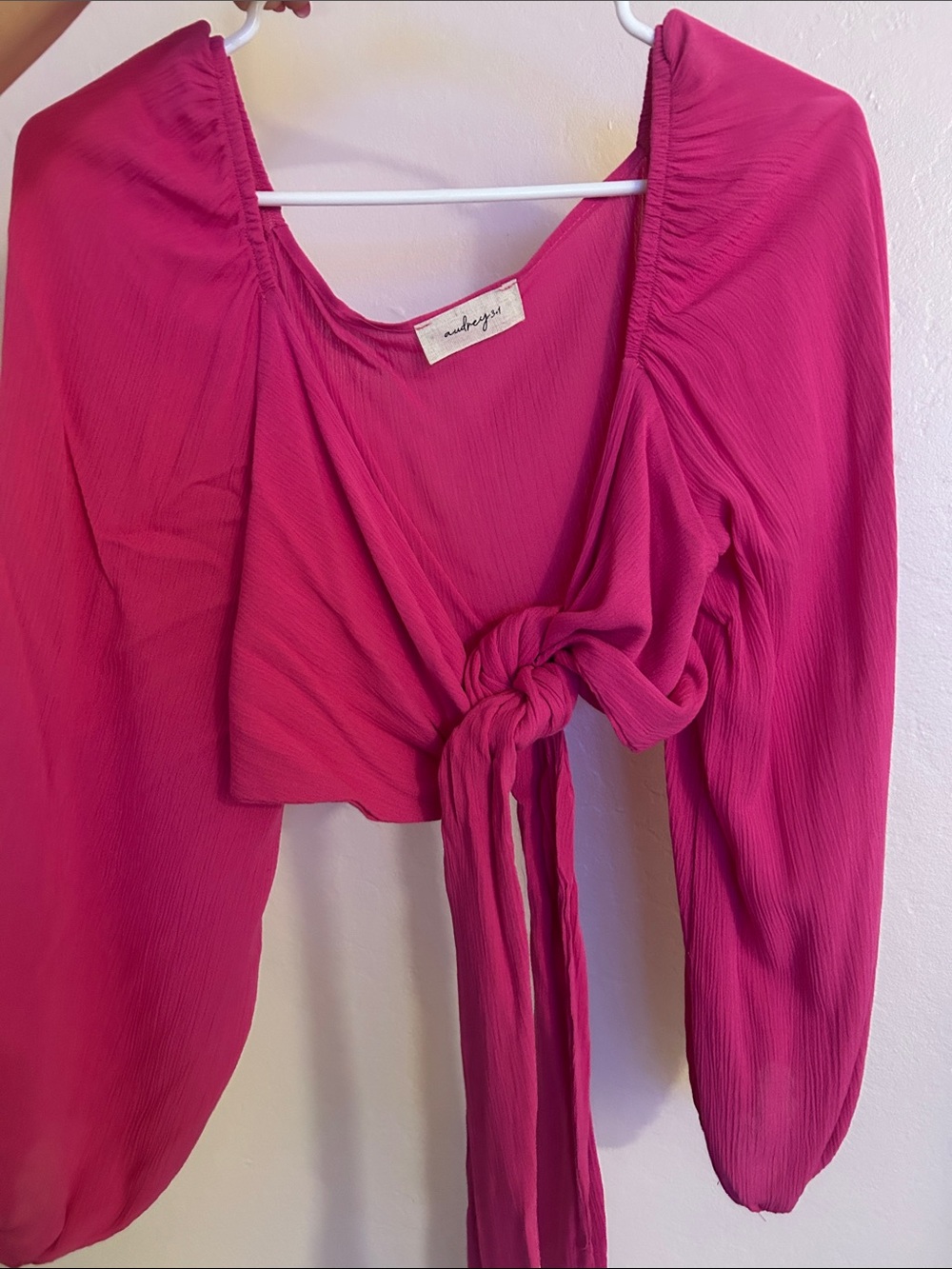 Audrey 3+1 Fuchsia Tie-Front Long Sleeve Crop Top